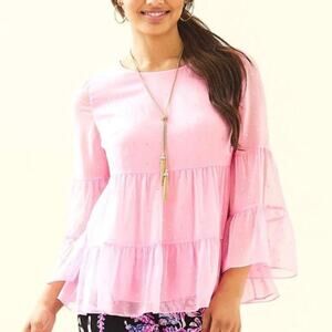 Lilly Pulitzer Zazie Flounce Babydoll Bell Tiered Sleeve Blouse Pink XL